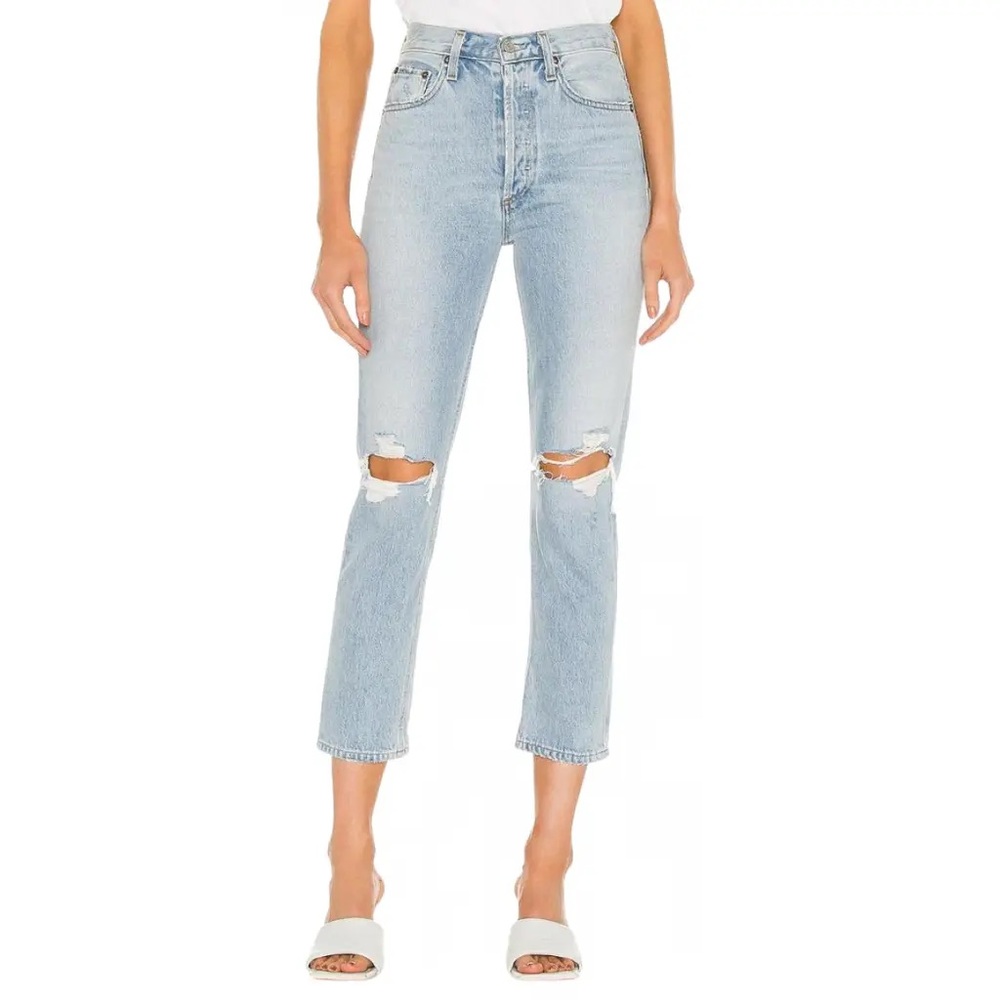 AGOLDE high rise ripped light blue jeans